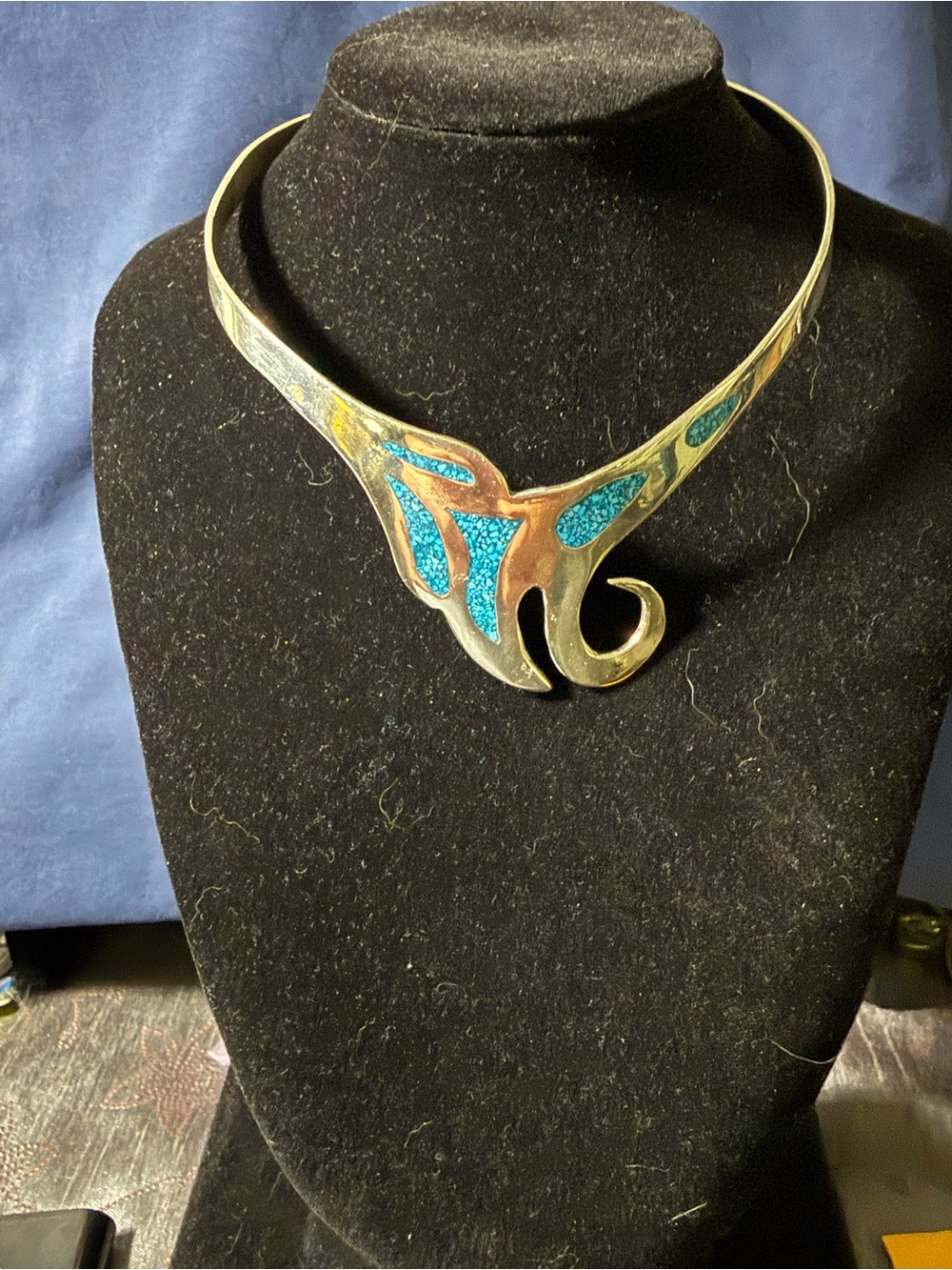 Turquoise Accent Sculptural Silver-Tone Collar Necklace